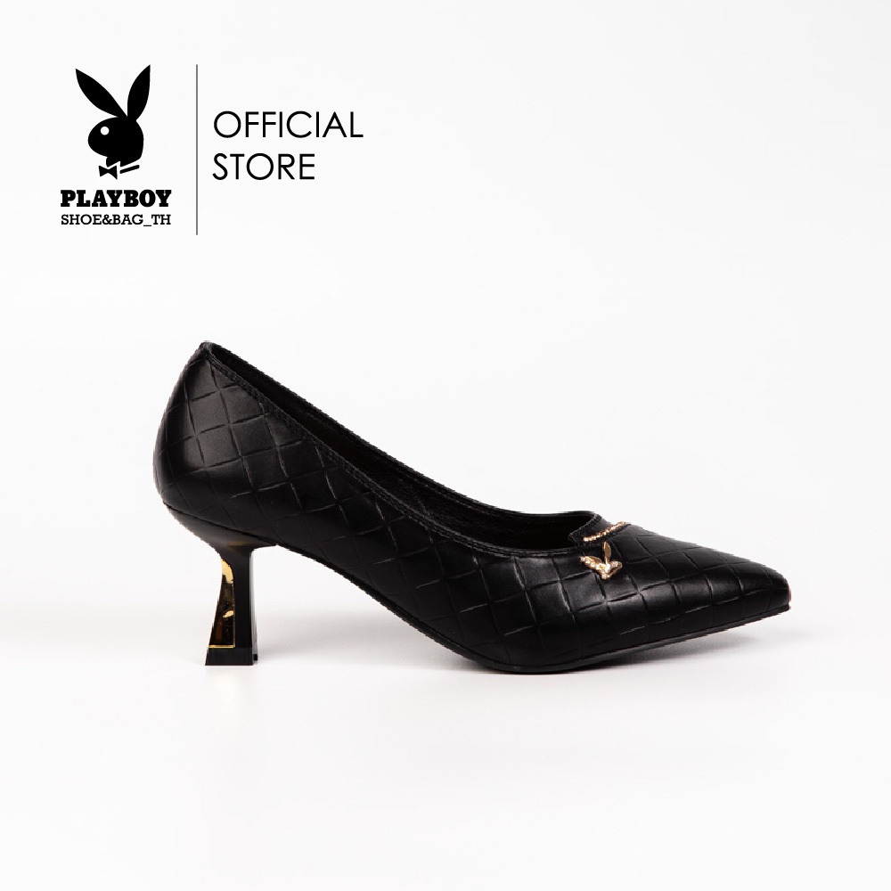 Playboy รองเท้าคัชชูผู้หญิง ลิขสิทธิ์แท้ รหัส ST-H241C1162 รองเท้าส้นสูงดีไซน์แต่งเส้นเพชรส้นทอง มี2สี สีครีมและสีดำ