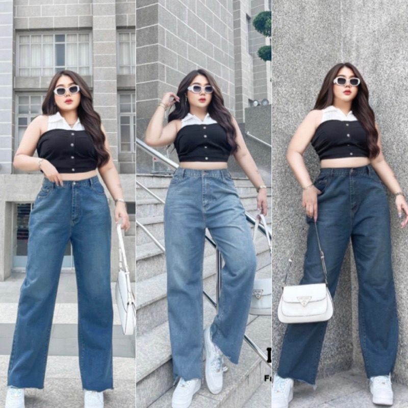 I.CURV JEANS กางเกงยีนส์ขากระบอกเอวสูง ผ้าไม่ยืด ดีเทลปลายขาปล่อย ไซส์ใหญ่ สาวอวบ