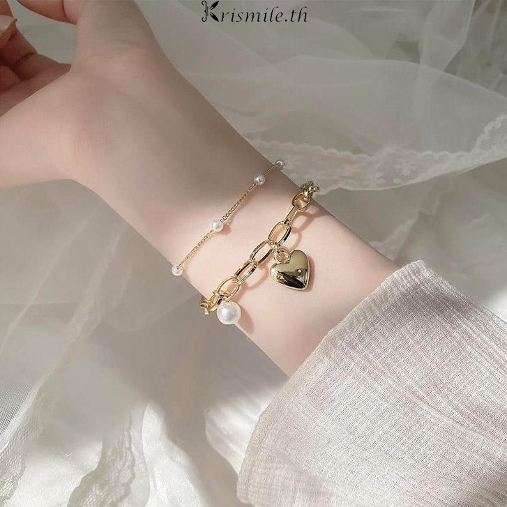 COD-ในไทย💖แฟชั่นสร้อยข้อมือ ลายหัวใจประดับไข่มุกประดับ โลหะผสม ย้อนยุคสไตล์เกาหลี เครื่องประดับแฟชั่น สำหรับผู้หญิง-Kri