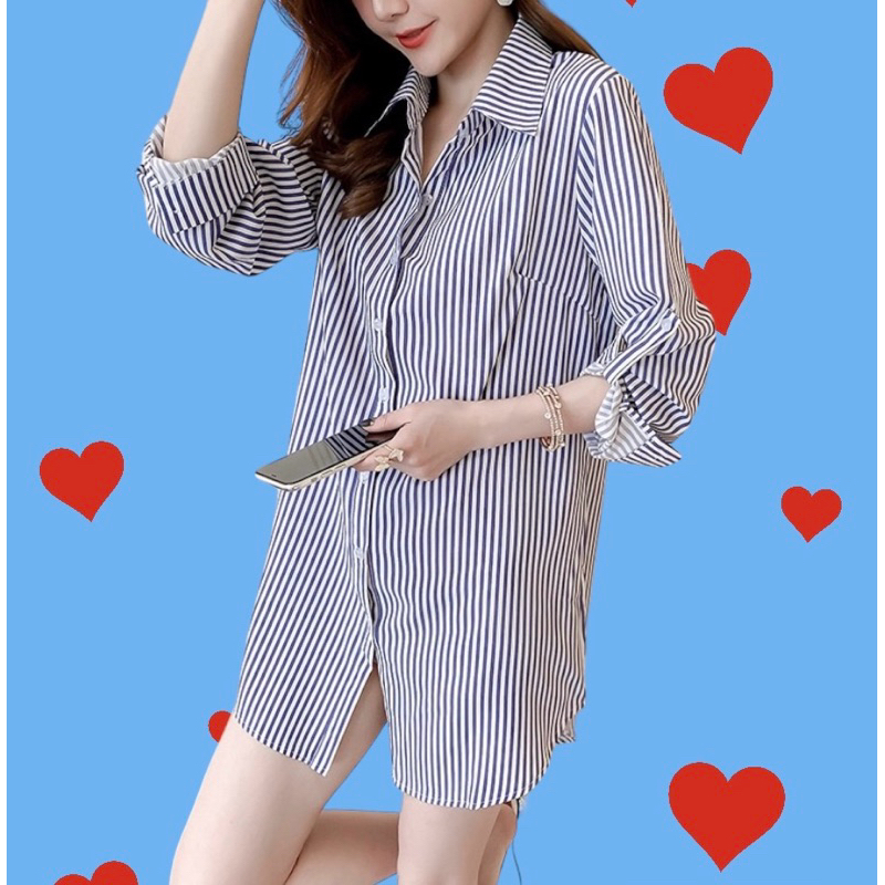 เสื้อเชิ้ตยีน แขนยาว ลายทาง ทรงหลวม โอเวอร์ไซซ์ แฟชั่นสไตล์เกาหลี สําหรับผู้หญิง
