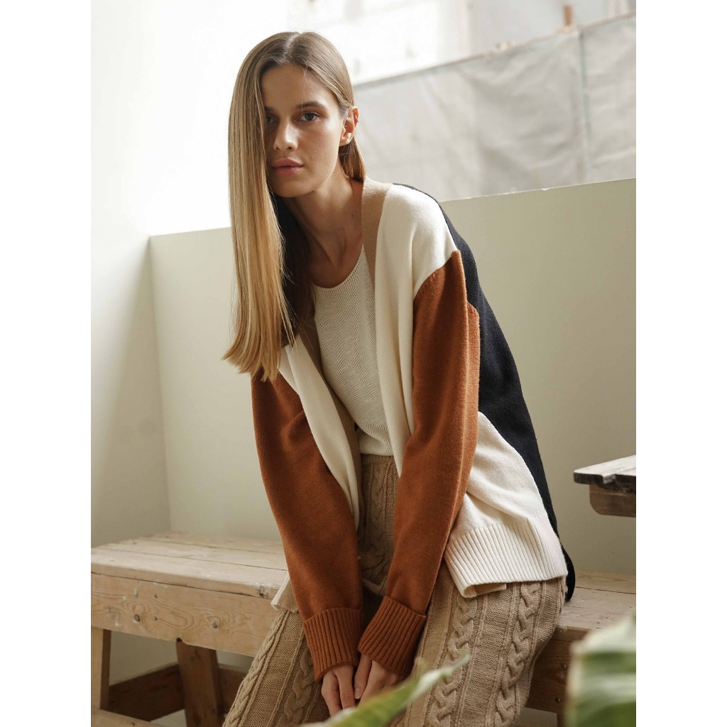 knitCircle - Basic COLOURBLOCK Cardigan(1 สี)คาร์ดิแกนไหมพรมดีไซน์หน้าสั้น หลังยาว ผ่าหน้า ตัดต่อ 4 สีในตัวเดียว_KNIT97