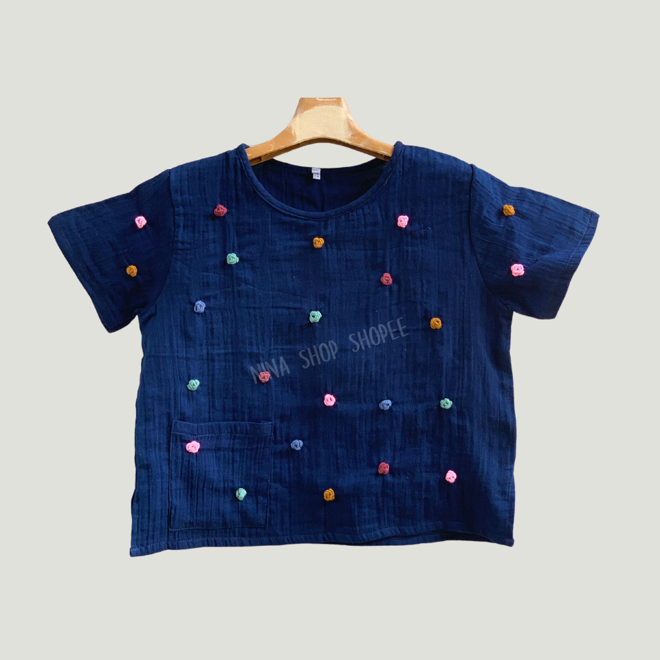 เสื้อผ้าฝ้ายสาลูสองชั้น งานปักมือแฮนด์เมด ดอกมินิน่ารักสุดๆ ทรงสวย สวมใส่สบาย ได้ทุกวัน
