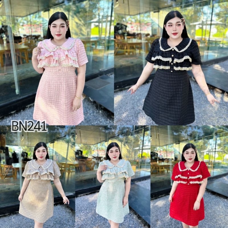 BN241. ชุดเดรสสาวอวบ ชุดออกงานคอปกระบาย2ชั้นลายชิโนริผ้าluxuryงานสวย