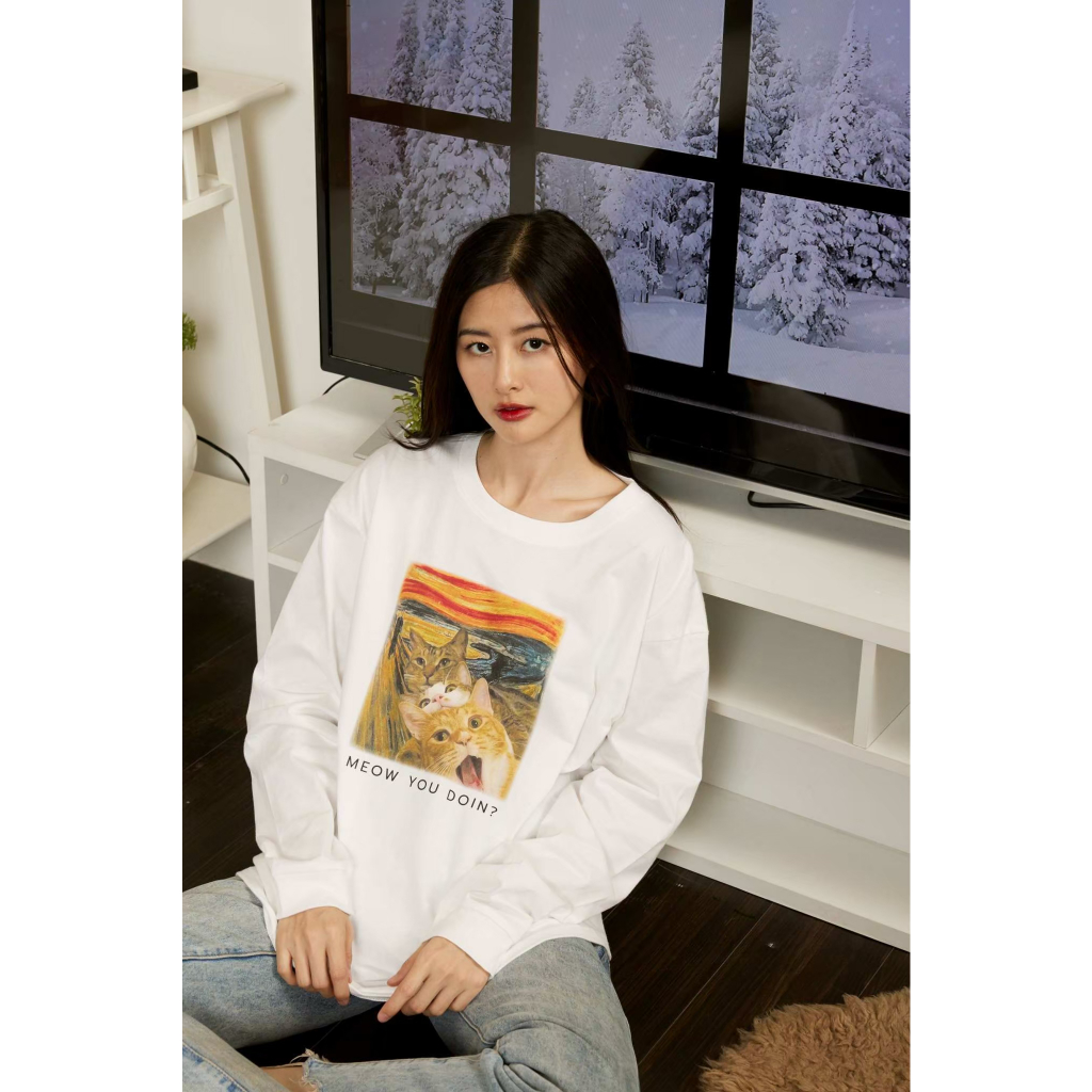 OK Apparel เสื้อยืดแขนยาว ลายแมวว้าว OVERSIZE ผ้านำเข้าUSA แท้ 100% ใส่สบาย