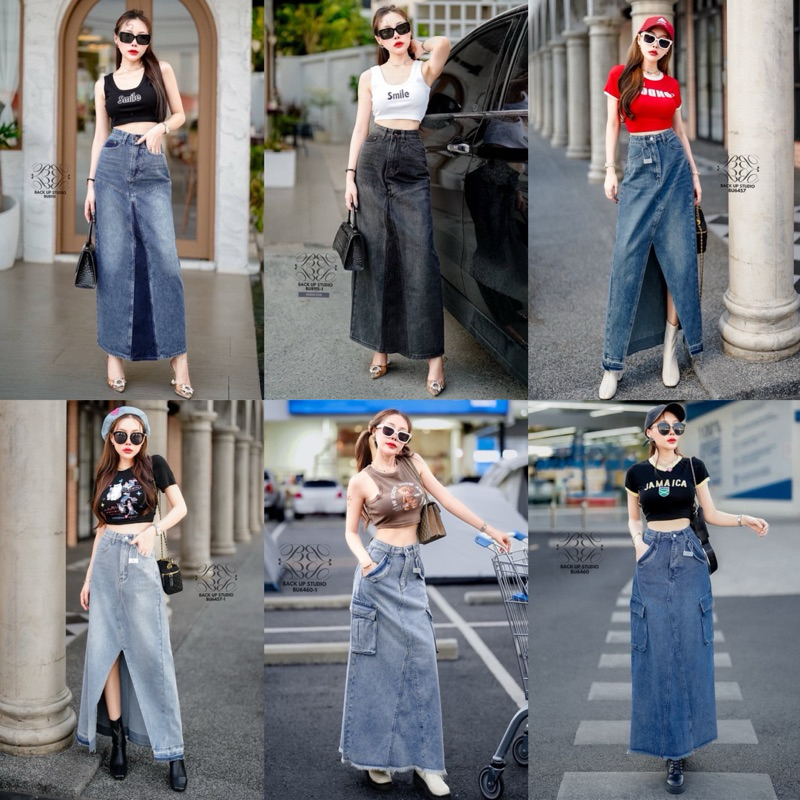 กระโปรงยีนส์ตัวยาว ดีไซน์เก๋ๆ สุดฮิต (S-6XL)