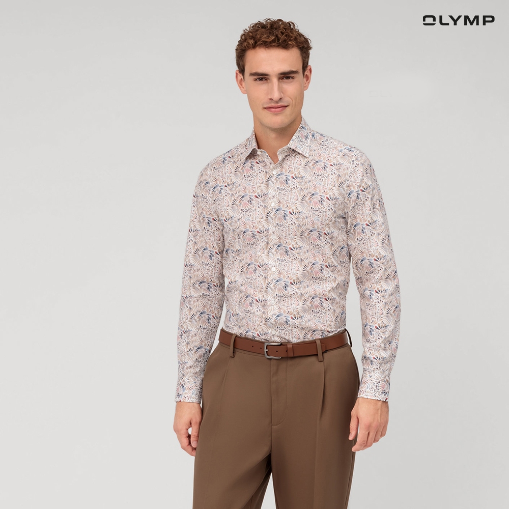 OLYMP  Level Five Shirt เสื้อเชิ้ตชาย ผ้าเรียบ สีเบจ  ทรงพอดีตัว ยืดหยุ่นได้ดี รีดง่าย SUMM24