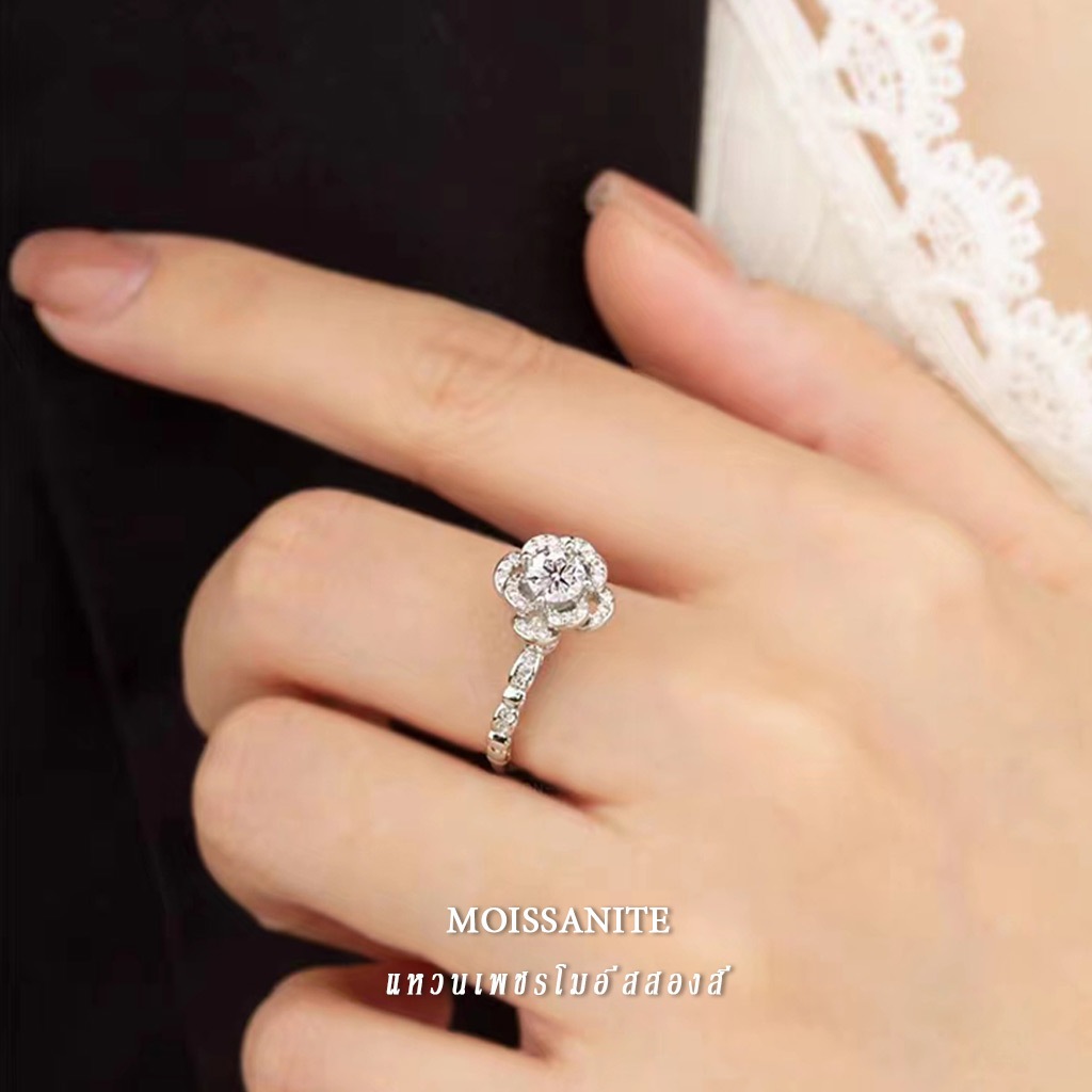 Vvi Moissanite Ring แหวนเงินแท้ 925 เพชรโมอีส ดอกกุหลาบ สีทองและเงินสองสี เครื่องประดับหญิง vvs/D ใบรับรองGRA 0.3ct