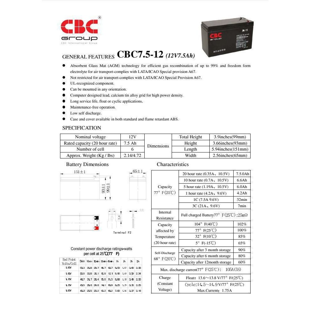 CBC BATERRY UPS 12V/7.5ahBattery 7.5Ah 12V ODรายละเอียดสินค้า Battery 7.5Ah 12V OD