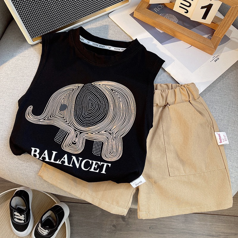 พร้อมส่งจากไทย ชุดเสื้อแขนกุด พิมพ์ลายช้างพร้อมกางเกงขาสั้น สำหรับเด็กผู้ชาย