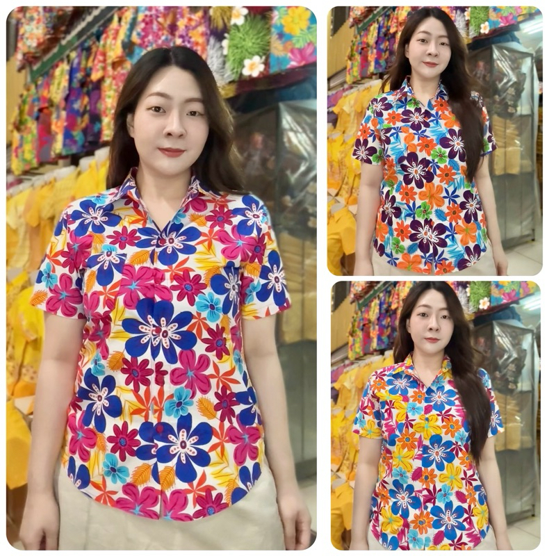 เสื้อลายดอก T7 สงกรานต์ ผ้าคัตตอน สีไม่ตก ไม่หด มี ทรงตรง เข้ารูป