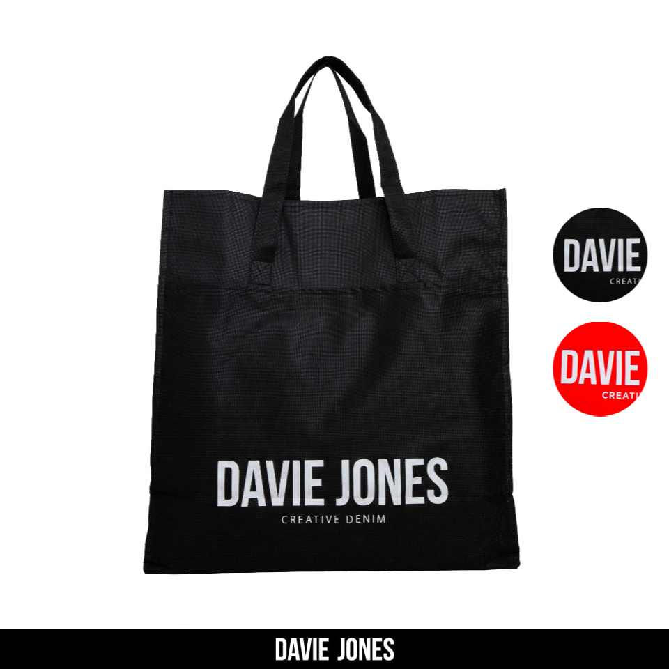DAVIE JONES กระเป๋าผ้าสปันบอนด์ ลดโลกร้อน สกรีนโลโก้ Spunbond Bags สีดำ ขาวแดง