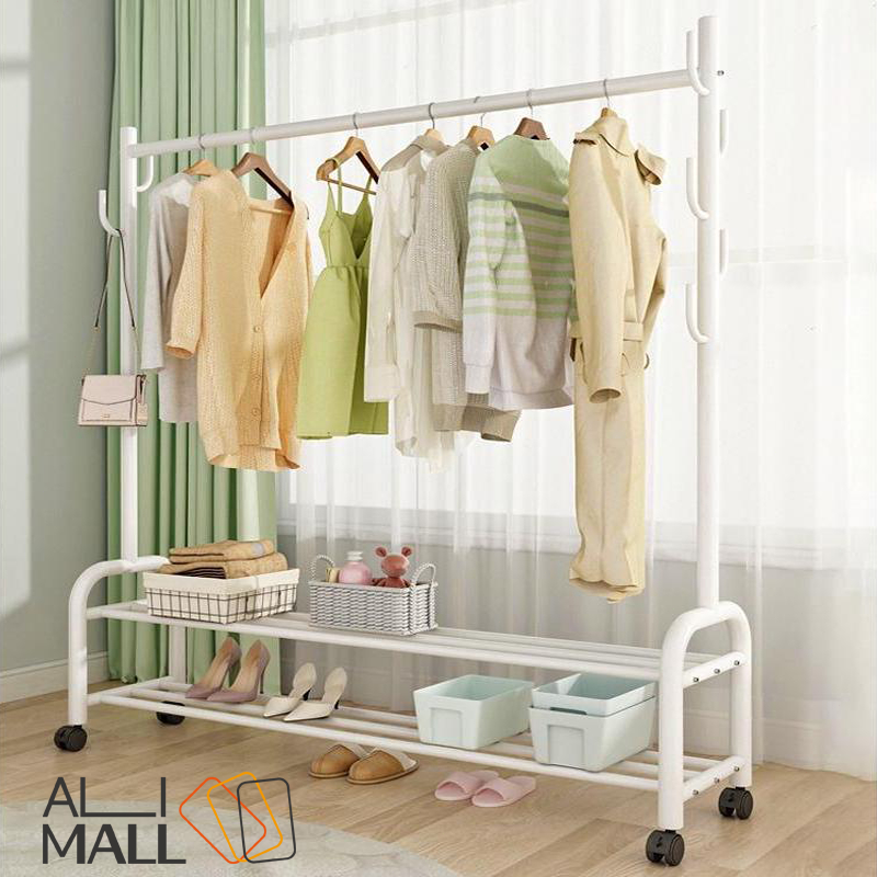 ราวแขวนผ้า ราวตากผ้า 2ชั้น 60/100/120/150ซม. พร้อมตกขอแขวยกระเป๋า+ที่วางรองเท้า มีล้อเลื่อนเคลื่อนย้ายสะดวก โครงเหล็ก