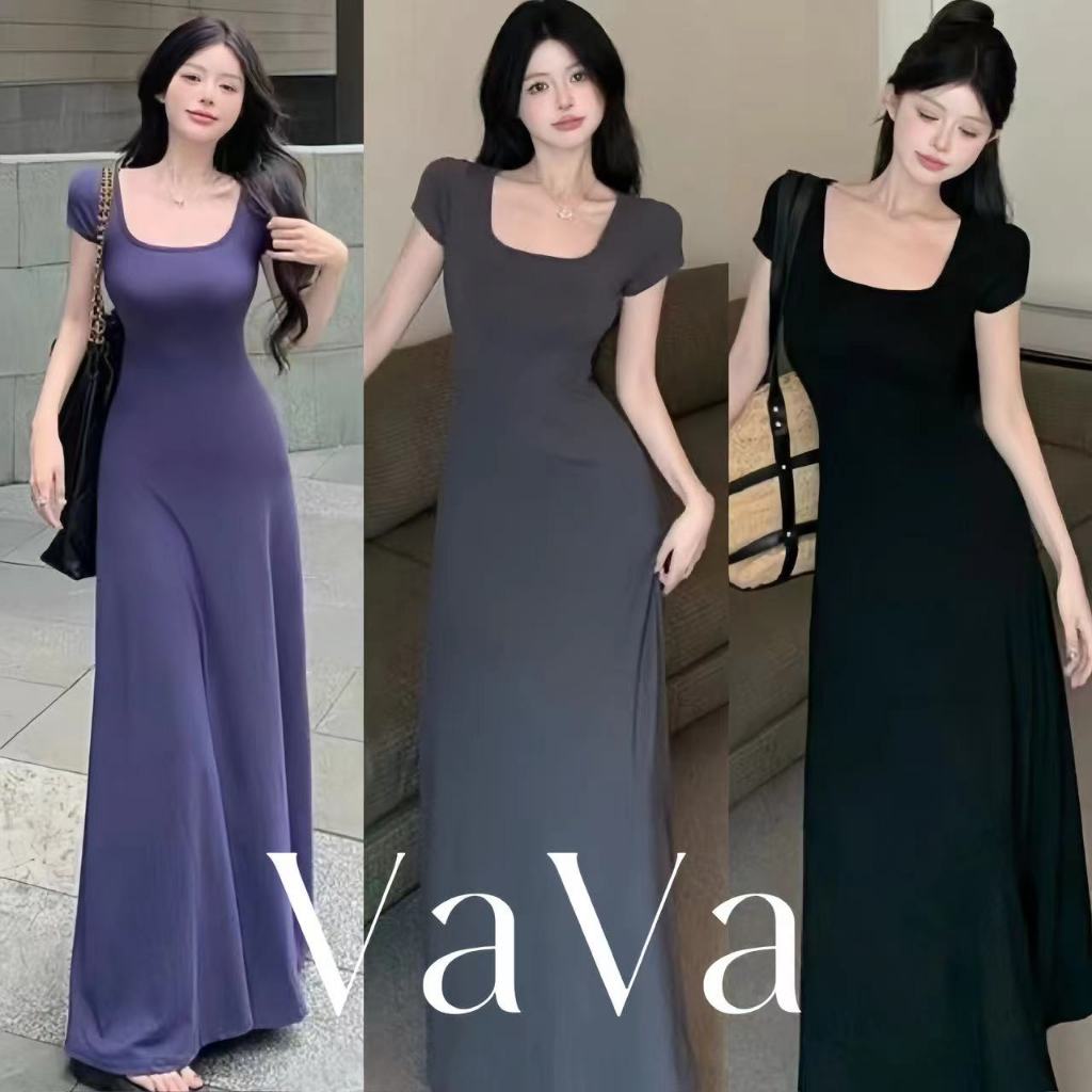 VaVa ชุดเดรสแขนสั้นคอสแควร์แฟชั่นสลิมฟิตเอวอารมณ์กระโปรงยาว