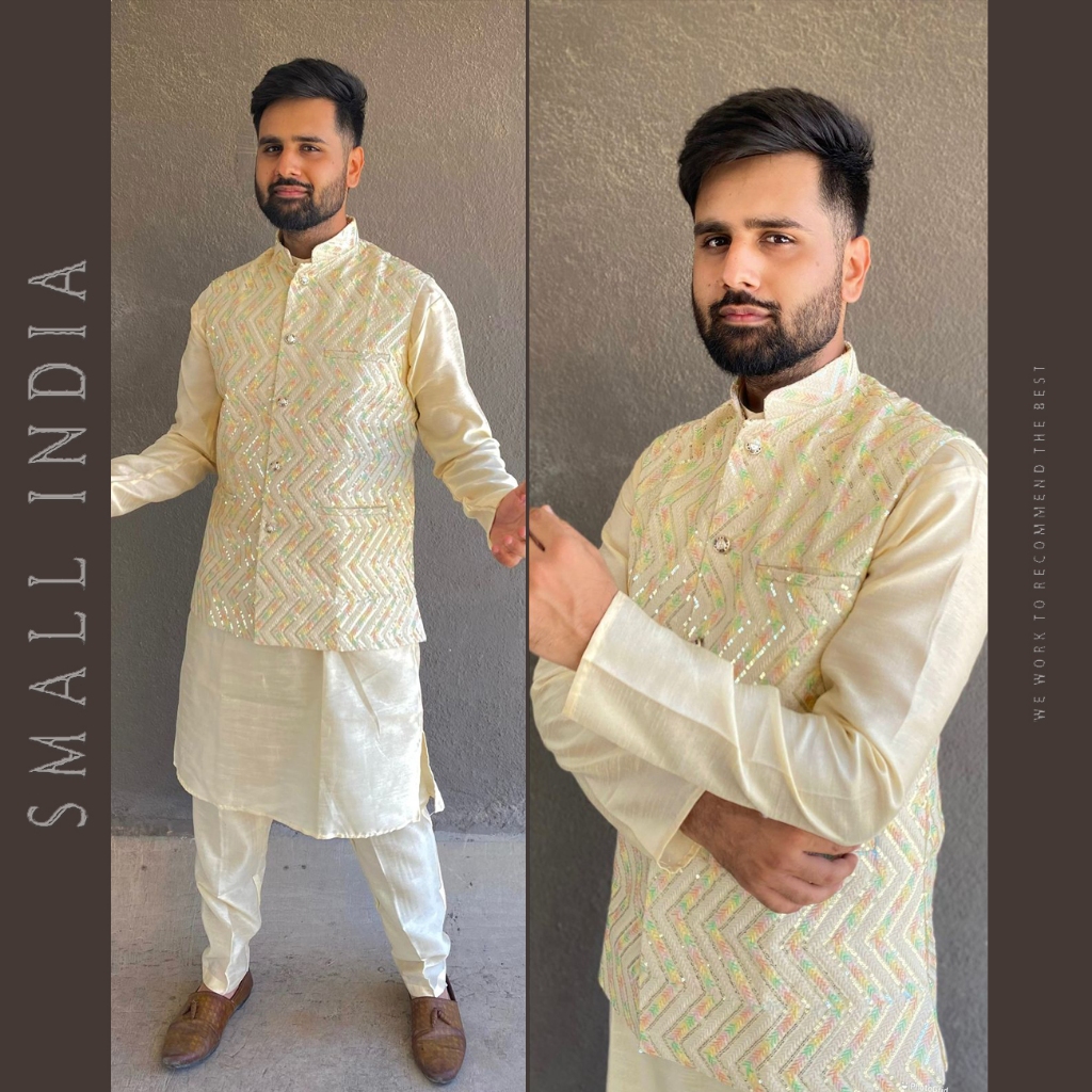 {**ส่งฟรี**} SMALL INDIA Brocade Silk Traditional Wear Kurta Pajama For Men