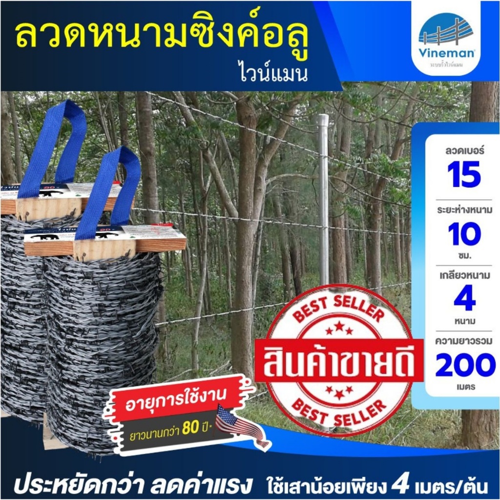 ลวดหนามไวน์แมน อลูซิงค์ ไม่เป็นสนิม ทนสนิม ลวดเบอร์ #15 ยาว 200 ม.(100ม.x2ม้วน) อย่างดี
