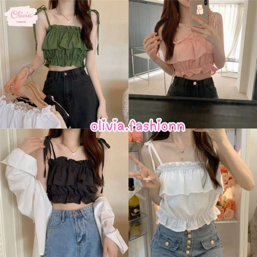 🍓Olivia🍓เสื้อสายเดี่ยว สายเดี่ยวผูกเชือก ดีเทลระบายทั้งตัว ผ้าฝ้าย สไตล์เกาหลี น่ารัก #A41