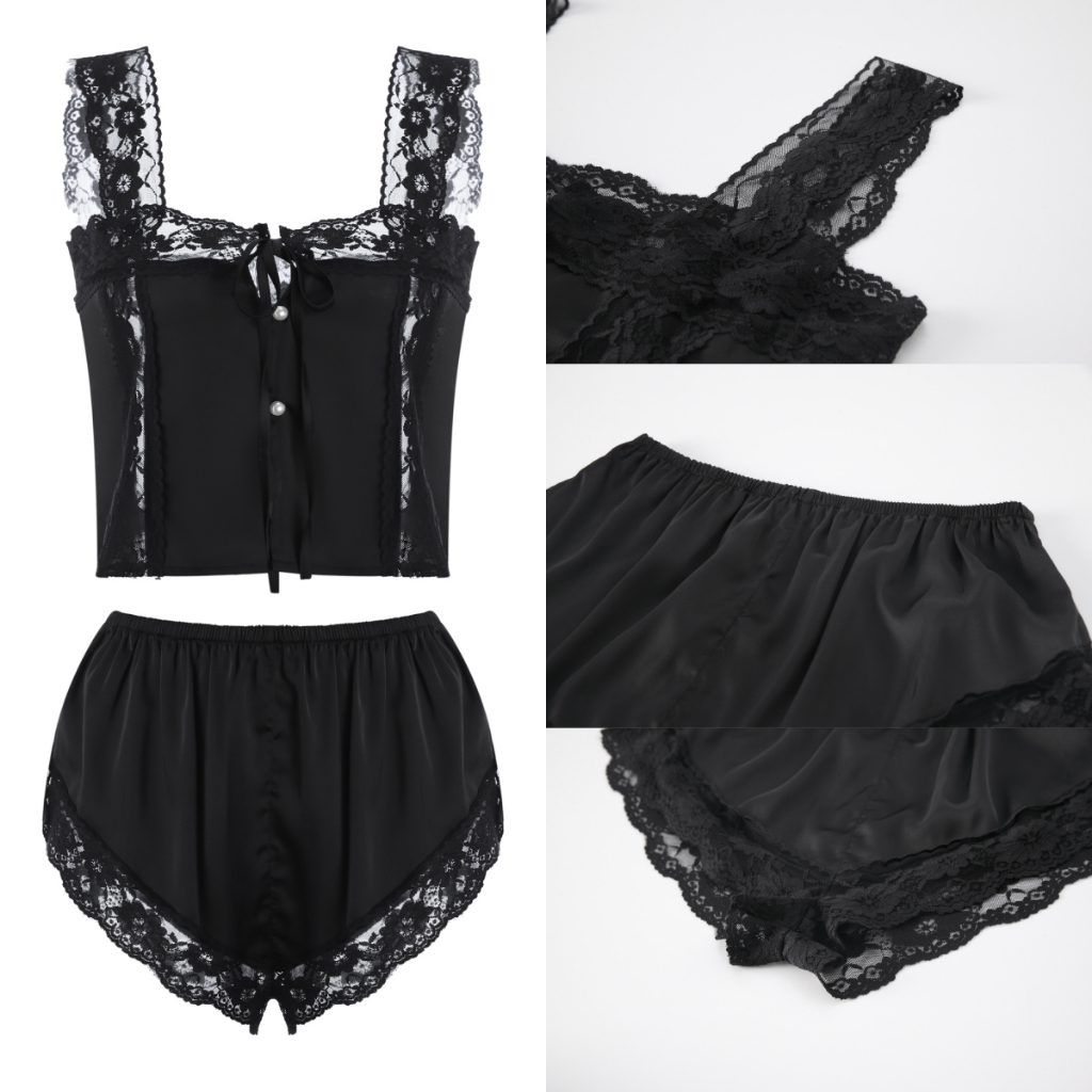 ชุดนอนไม่ได้นอน  เสื้อกางเกง เสื้อสายเดี่ยว 💞ไซต์ M-5XL นน 40-100 kg. ผ้าซาติน กางเกงสั้นจิ๋ว A-387 - รูปที่ 5