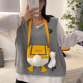 (พร้อมส่ง)Su163กระเป๋าสะพายไหล่ ผ้าแคนวาส ลายการ์ตูนเป็ดน่ารัก อินเทรนด์ สำหรับสตรี