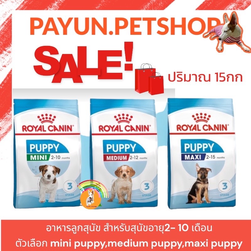 Royal​ Puppy ปริมาณ 15kg. อาหารสุนัข สำหรับลูกสุนัข 2-10 เดือนขึ้นไป ตัวเลือก maxi Puppy medium Pupp