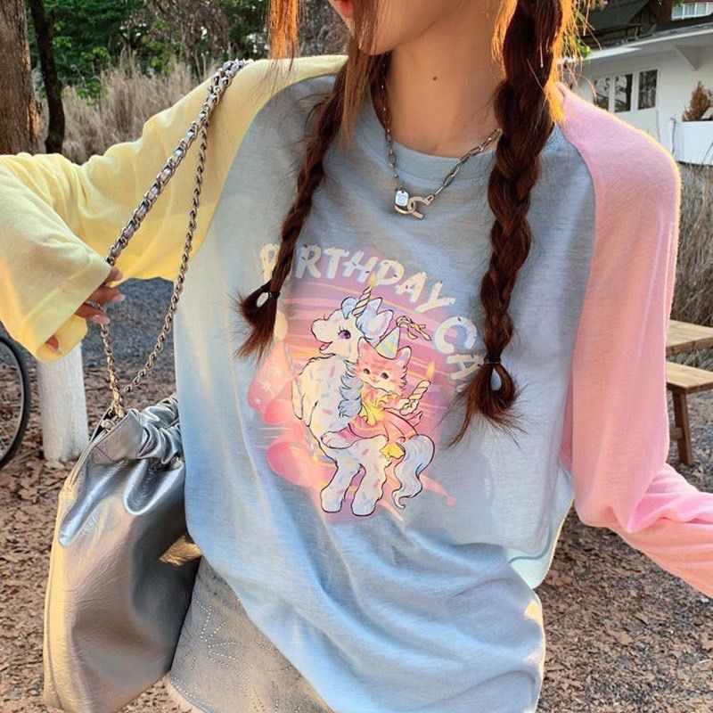 พร้อมส่ง เสื้อยืดแขนยาวแขนทูโทนน่ารักน้องลายBirthday Catสกรีนน้องยูนิคอร์นผ้าเนื้อดีใส่สบายงานกระแสงานตามหา