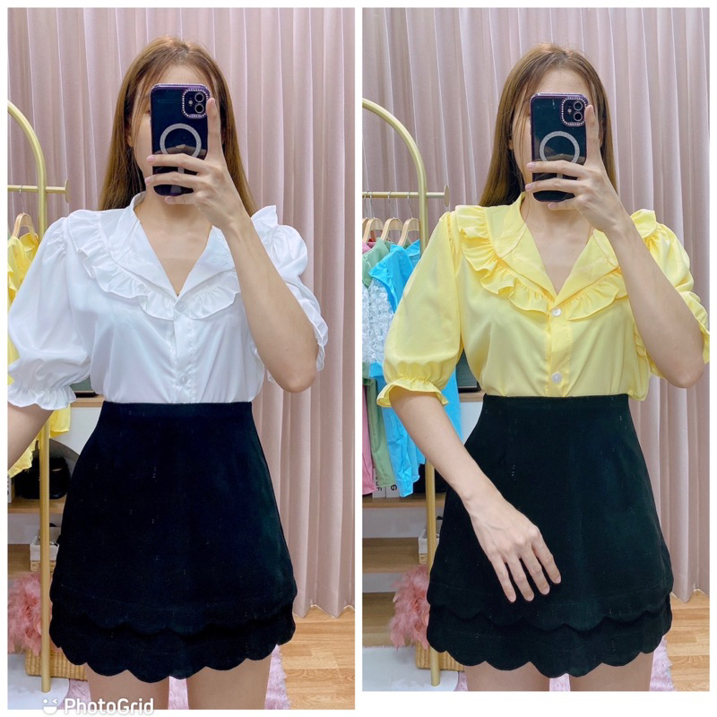เสื้อสีพื้นคอจีนระบาย ไหมอิตารี่ เเขนขอบ