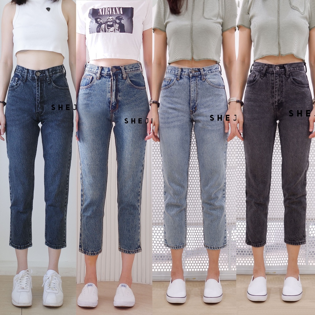 กางเกงยีนส์เอวสูงกระบอกเล็ก คลาสสิค