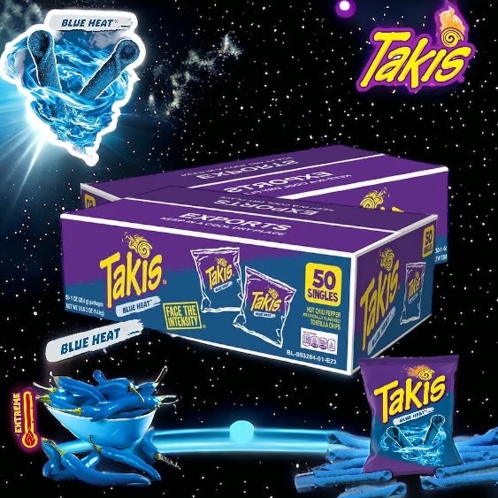 นำเข้า US New! Takis Blue Heat Tortilla Chips, Hot Chili Pepper, 1 oz, 50 ct