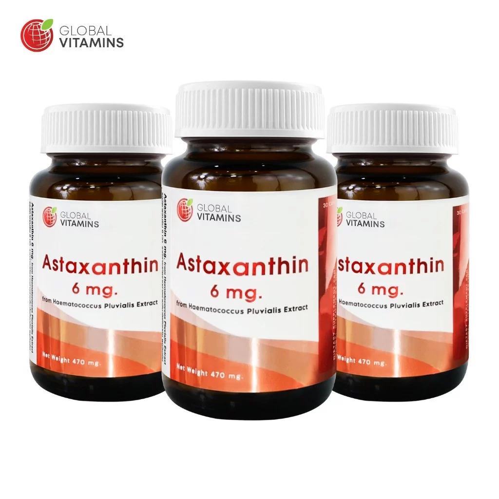 [แพ็ค 3 ขวด] แอสตาแซนธิน 6 มก. โกลบอลวิตามิน Astaxanthin 6 mg. Global Vitamins