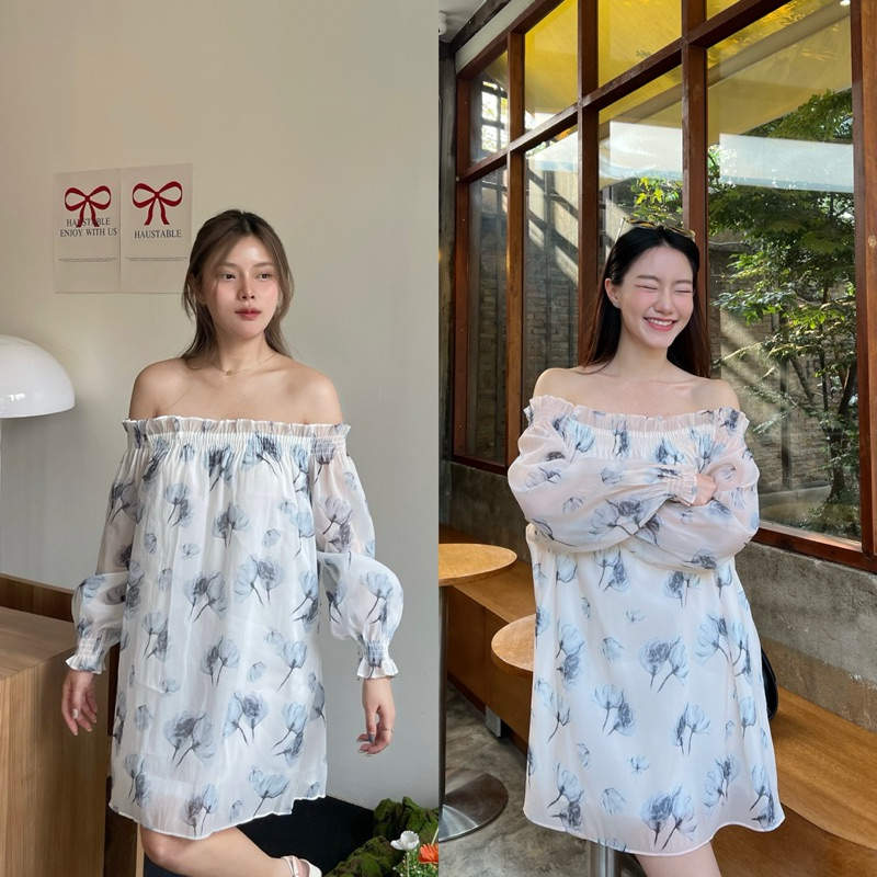 Bunny dress เดรสปาดไหล่ลายดอกไม้