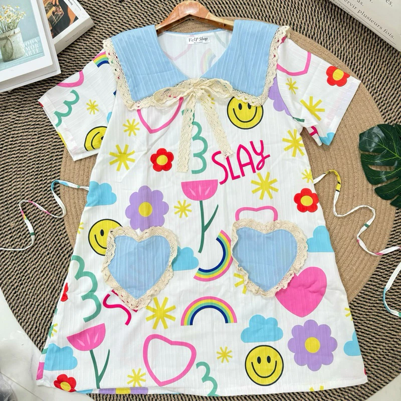 Dress ทรงปล่อยกระเป๋าหัวใจลายน่ารัก( Vp-กระเป๋าหัวใจ)