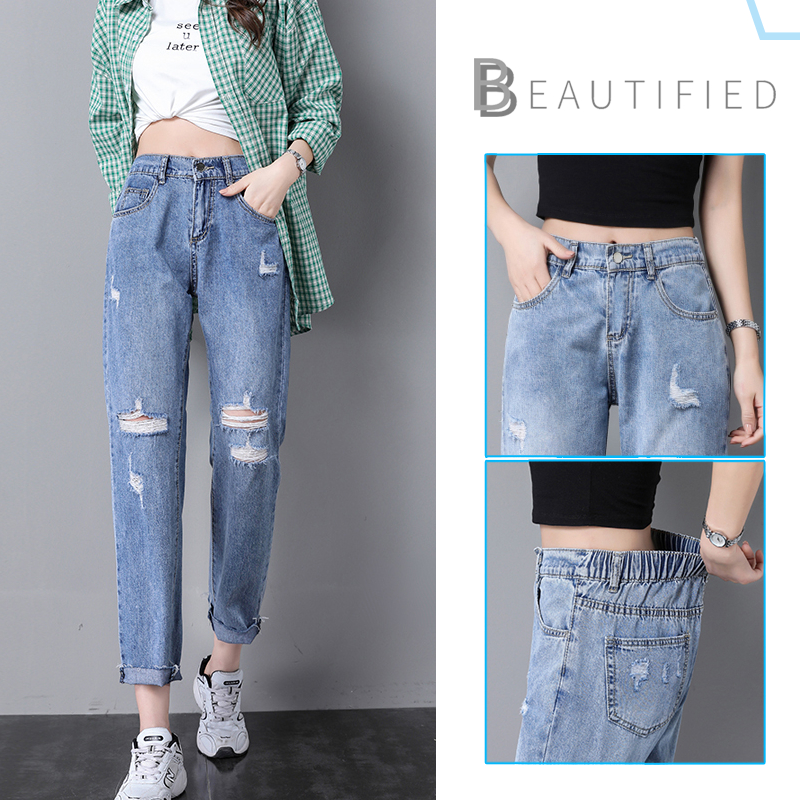 beautified กางเกงยีนส์ทรงบอยเฟรนด์ยุค 90 เอวสม็อค กางเกงขาดแต่ง