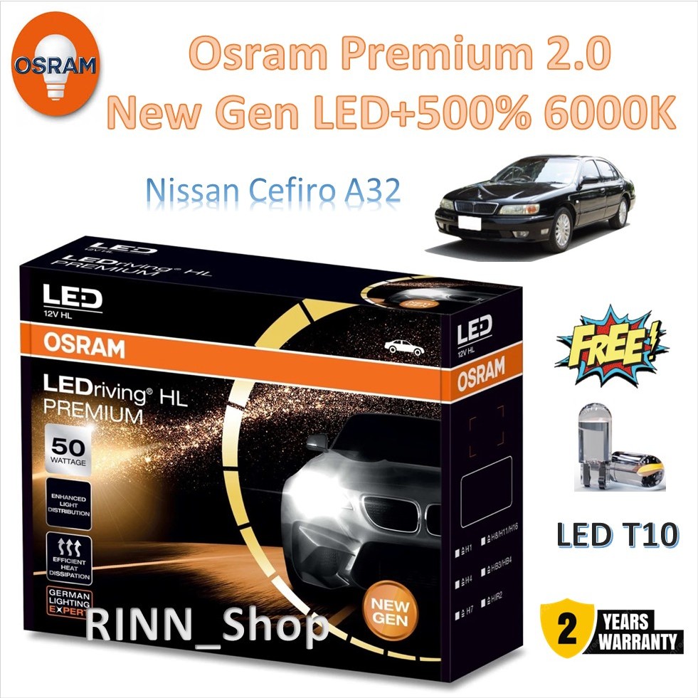 Osram หลอดไฟหน้า รถยนต์ Premium 2.0 New Gen LED+500% 50W 10000lm 6000K Nissan Cefiro A32 แถม LED T10