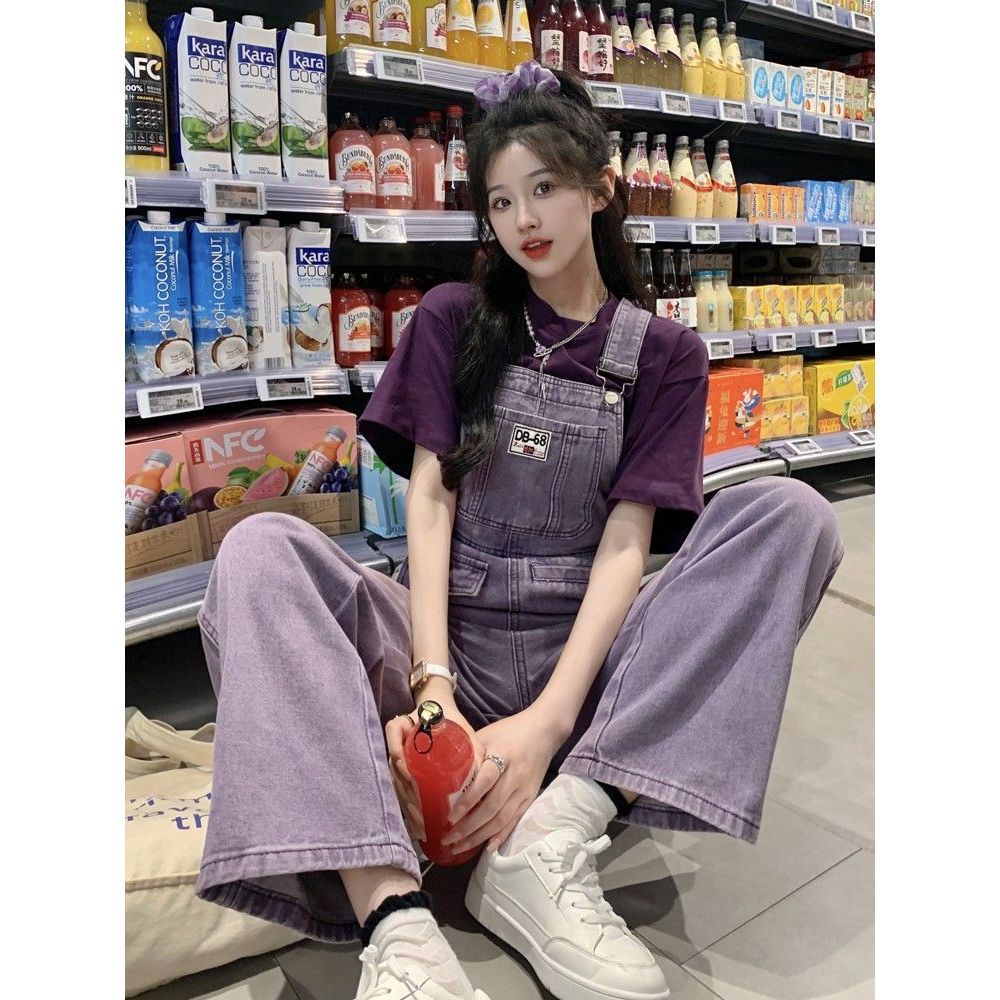 พร้อมส่ง เอี๊ยมยีนสีม่วง โทน มินิมอล เอี๊ยมเอวสูงหลวมสาย กางเกงยีนส์เอี้ยมขายาว