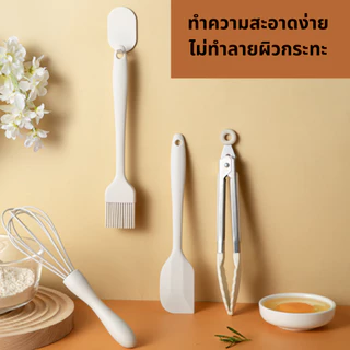 เซ็ตเครื่องครัวซิลิโคนสีขาว ตะหลิว กระบวย ตะหลิวมีร่อง ที่ตีไข่ ที่คีบเนื้อ ไม้พาย แปรงทาน้ำมัน ทนความร้อนถึง 220 องศา