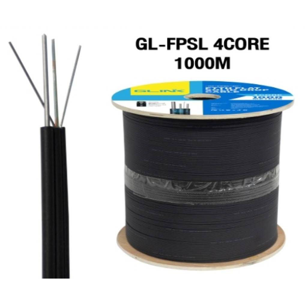 สายไฟเบอร์ออฟติก 4 คอร์ มีสลิง ( Drop wire Fiber Optic 4 Core ) Roll ไม้ GLINK GL-FPSL 4CORE 1000M