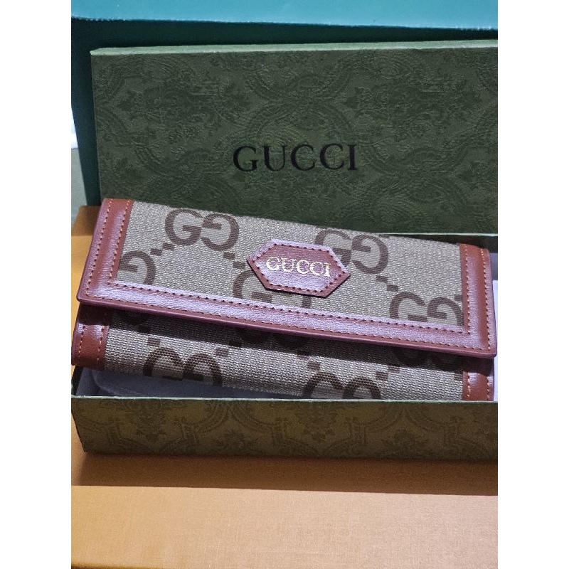 กระเป๋าสตางค์ Gucciใบยาว ผ้าทอขอบหนัง สีน้ำตาล
