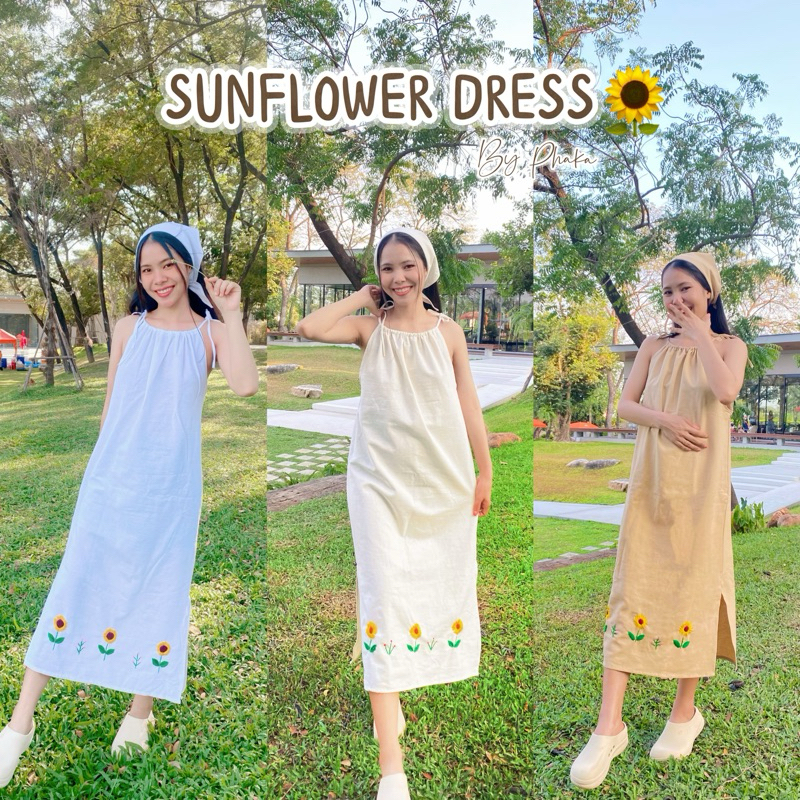 BY PHAKA | SUNFLOWERS DRESS🌻 เดรสสายเดี่ยวลายปักทานตะวันผูกไหล่ พร้อมผ้าโพกผม พร้อมส่ง📮