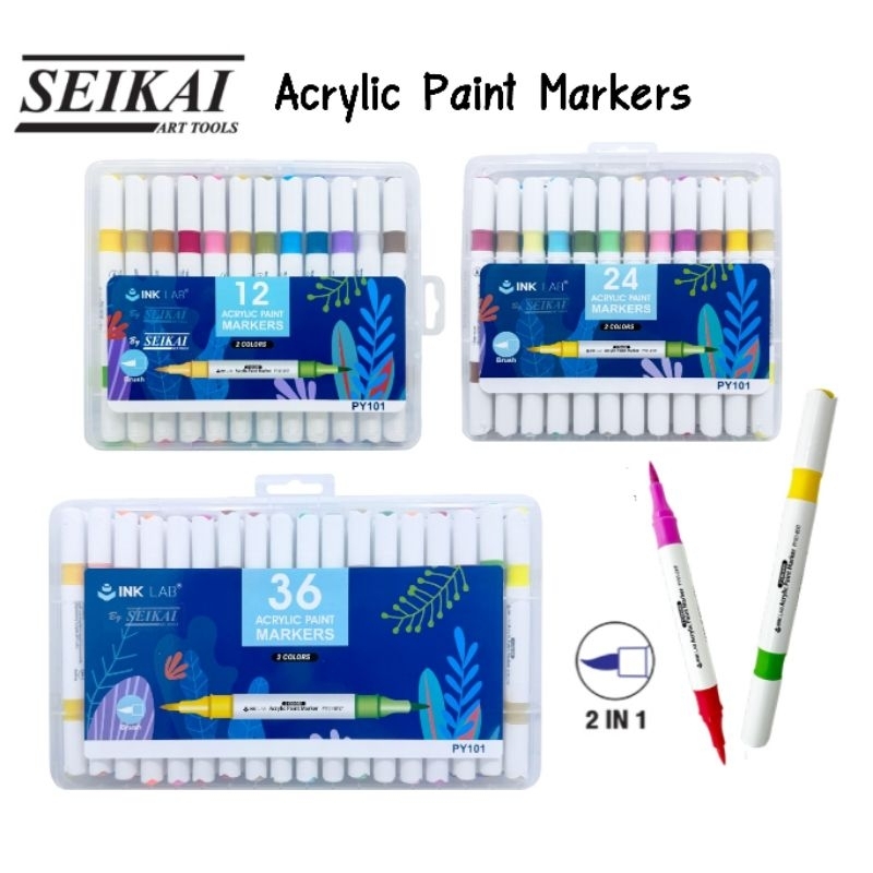 SEIKAI ชุดปากกาเพ้นท์มาร์คเกอร์ อะคริลิค 2 สีใน 1 หัว Acrylic Paint Marker 2in1 หมึก INK LAB หัวพู่กัน