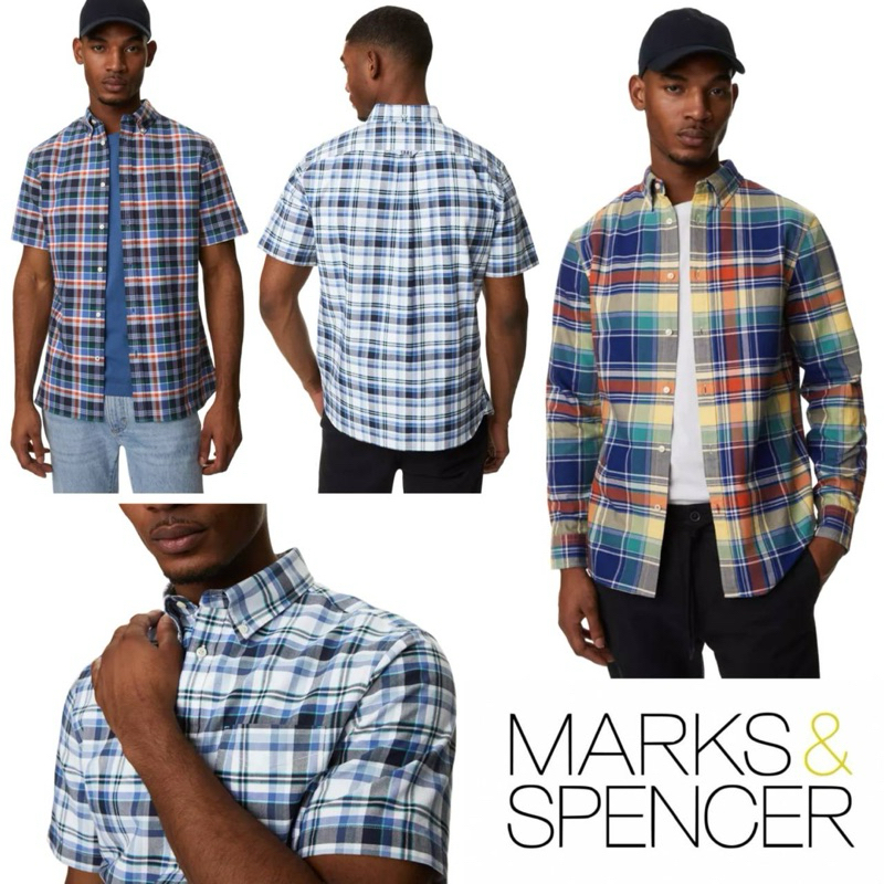 เสื้อเชิ้ตแขนสั้น/ยาว MARKS & SPENCER EASY IRON PURE COTTON CHECK OXFORD SHIRT