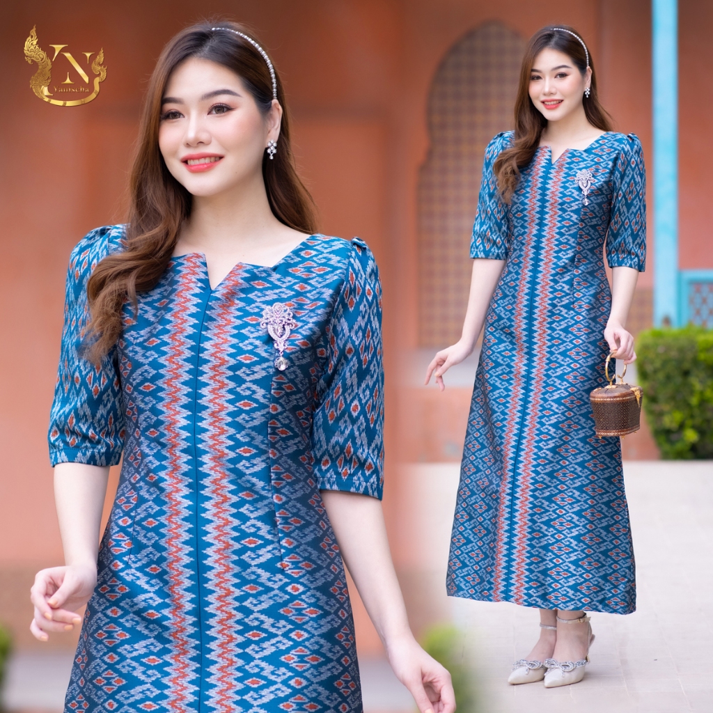เดรสผ้าไหม ชุดผ้าไหม ชุดออกงาน ชุดทำบุญ ชุดไปวัด ผ้าทอ เดรส ทอลายมัดหมี่เกสร (น้ำเงิน)