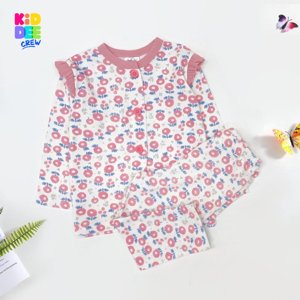 KiddeeCrew ชุดนอนเด็กสีครีมดอกไม้ชมพูระบายแขน เหมาะสำหรับอายุ 1-14 ปี