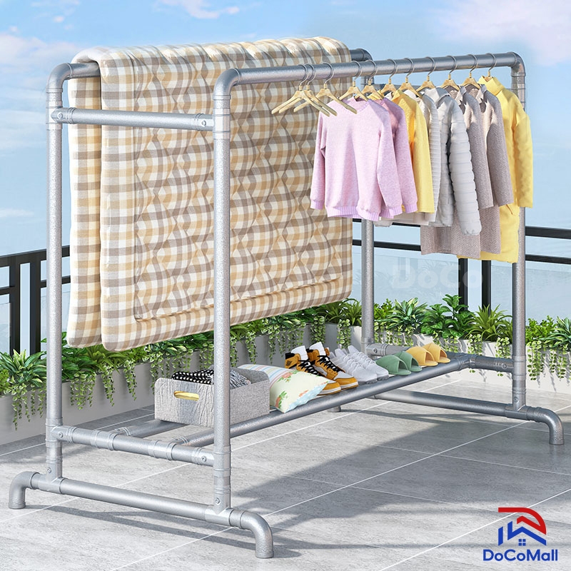 DoCo ราวตากผ้าท่อเหล็ก2ราว ที่แขวนผ้าโครงเหล็ก ตากผ้า ราวคู่ ยาว100-180cm สูง180cm ประกอบง่าย