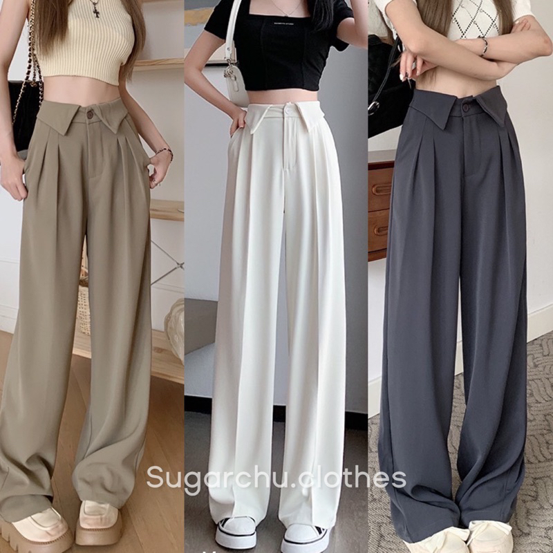 กางเกงขายาว ทางกระบอกพับเอว เนื้อผ้าคอตตอนใส่สบาย กระดุมหน้า กระเป๋าข้าง -รหัส9183
