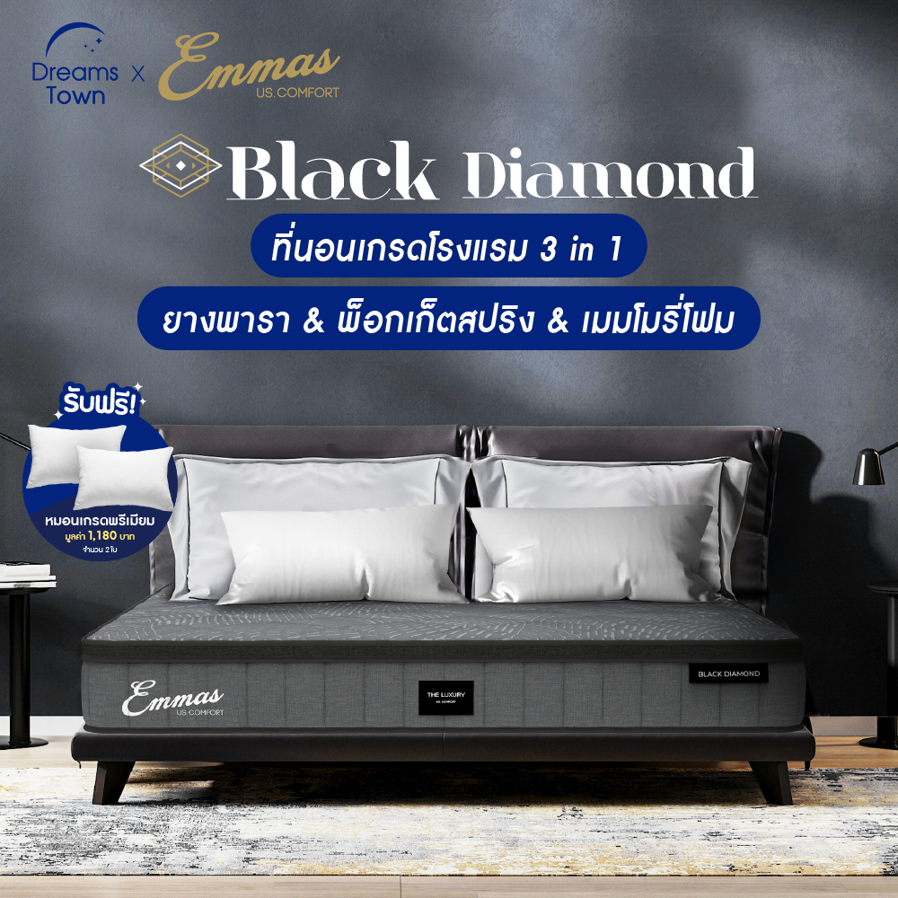 Emmas ที่นอนยางพารา 3in1 ทำจาก ยางพารา พ็อกเก็ตสปริง เมมโมรี่โฟม ได้ความรู้สึก 3 ฟิล นุ่ม เด้ง ไม่ยวบ รุ่น Black Diamond