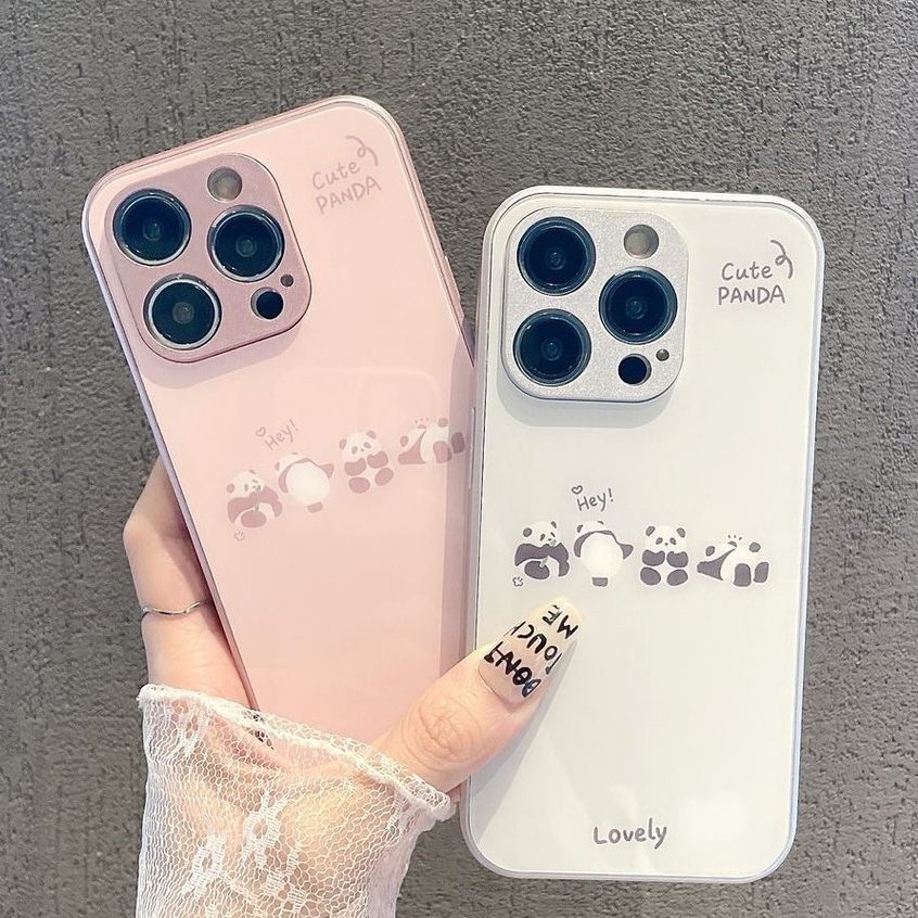 สำหรับ iPhone 13 12 14 11 15 Pro Max XR X Plus XS 6 7 การ์ตูนแพนด้ารูปแบบโลหะกรณีโทรศัพท์กรณียากเคสไอโฟนคู่น่ารักเคส