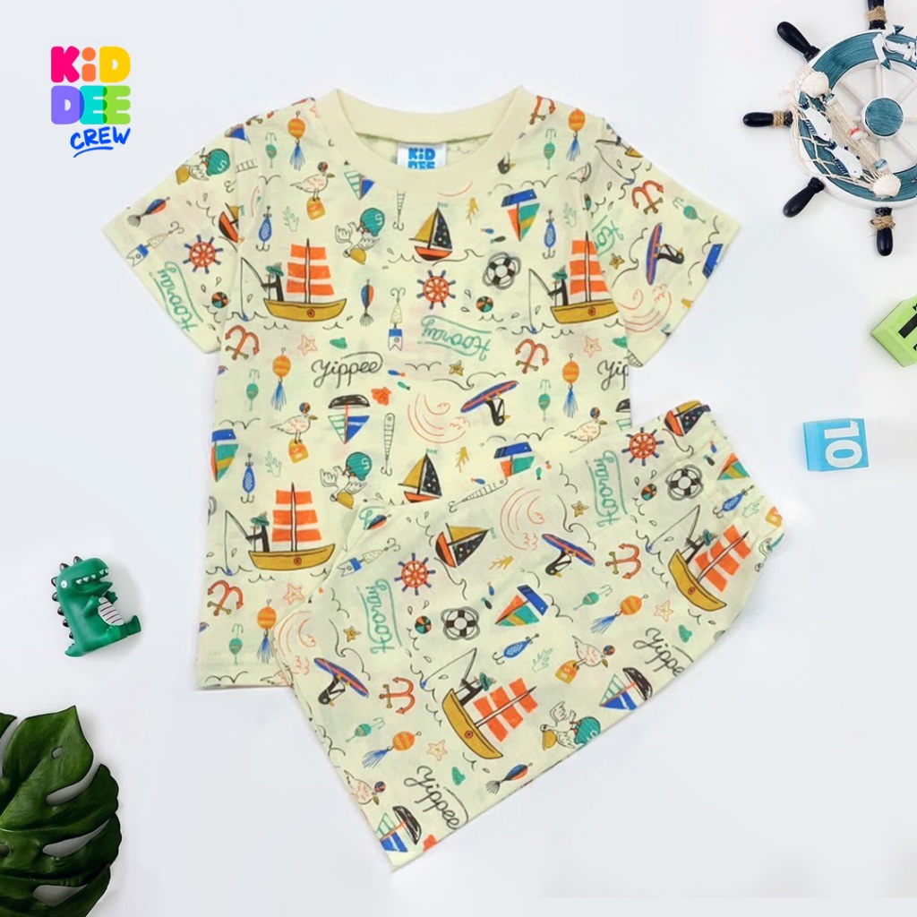 KiddeeCrew ชุดคู่ เสื้อเด็กและกางเกงเด็ก เหลืองเพนกวินตกปลา แขนสั้นขาสั้น เหมาะสำหรับอายุ 1-12 ปี