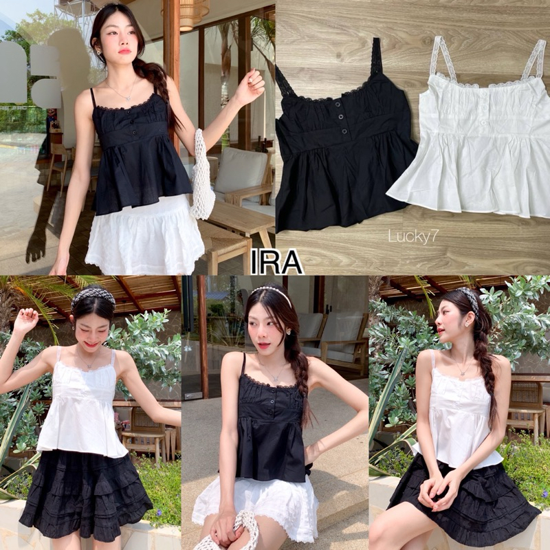 BY IRA ✨พร้อมส่ง✨ เสื้อสายเดี่ยวผ้าเชิ้ตคอตตอนแต่งลูกไม้ ลงตัวสวยสุดๆ