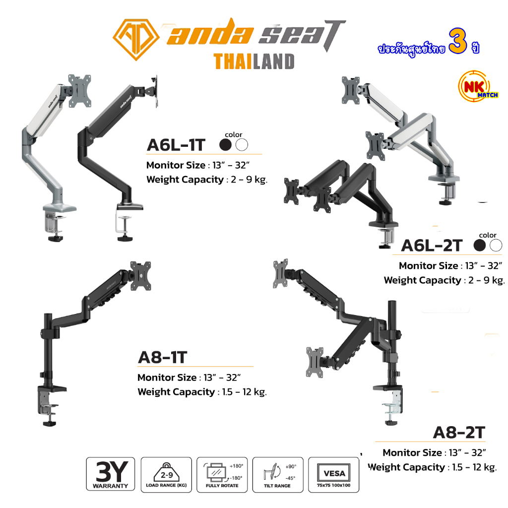 Anda Seat Monitor Arm แขนจับหน้าจอมอนิเตอร์ รุ่น A8-1T/A8-2T/A6L-1T/A6L-2T รับประกันศูนย์ไทย 3 ปี