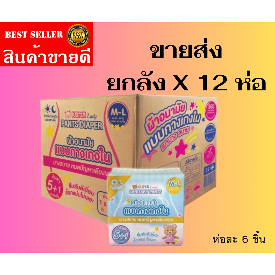 ขายส่ง ยกลัง12 ห่อ KUMA Lady ผ้าอนามัยแบบกางเกง ( ไซต์ M-L 1 ห่อ มี 6 ชิ้น)ใช้ได้ทั้งกลางวัน และกลางคืน