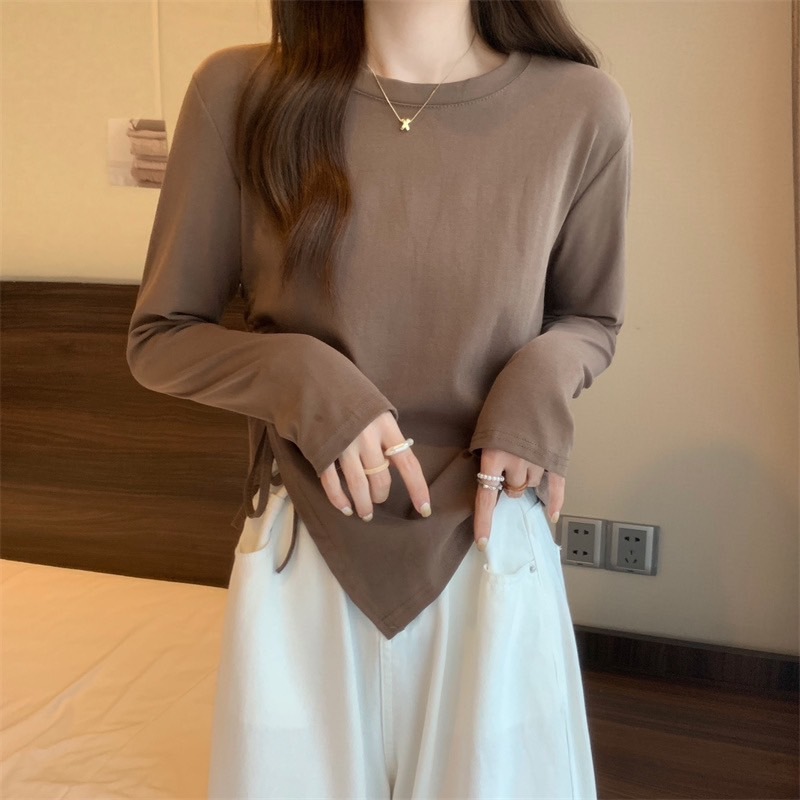 tt-รุ่น-227เสื้อยืดมาใหม่แขนยาวยอดฮิตสีพื้น แต่งปลายเสื้อสามเหลี่ยม เอวข้างผูกโบว์ได้ สไตล์เกาหลี ผ้านุ่มสวมใส่สบาย พร้อ